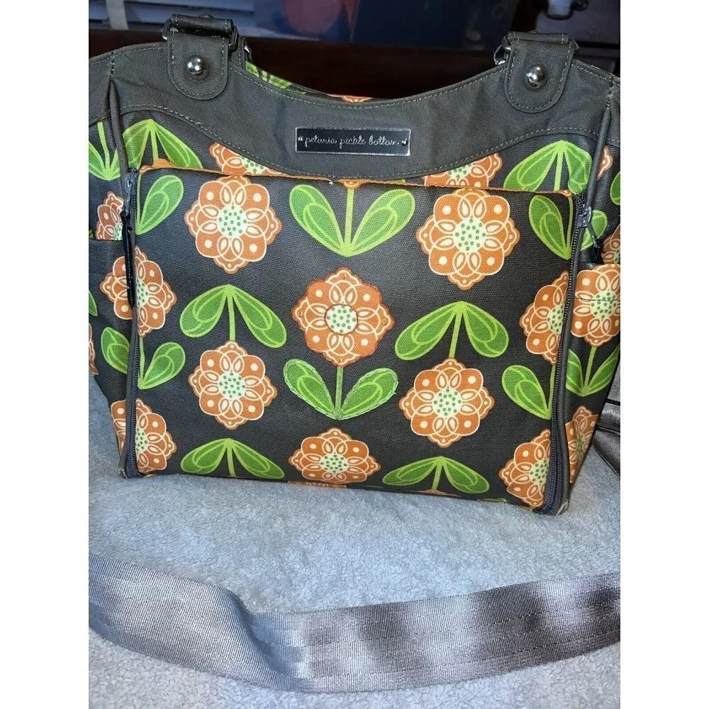PETUNIA PICKLE BOTTOM Gray Floral Print Diaper Bag Shoulder Strap Handles
